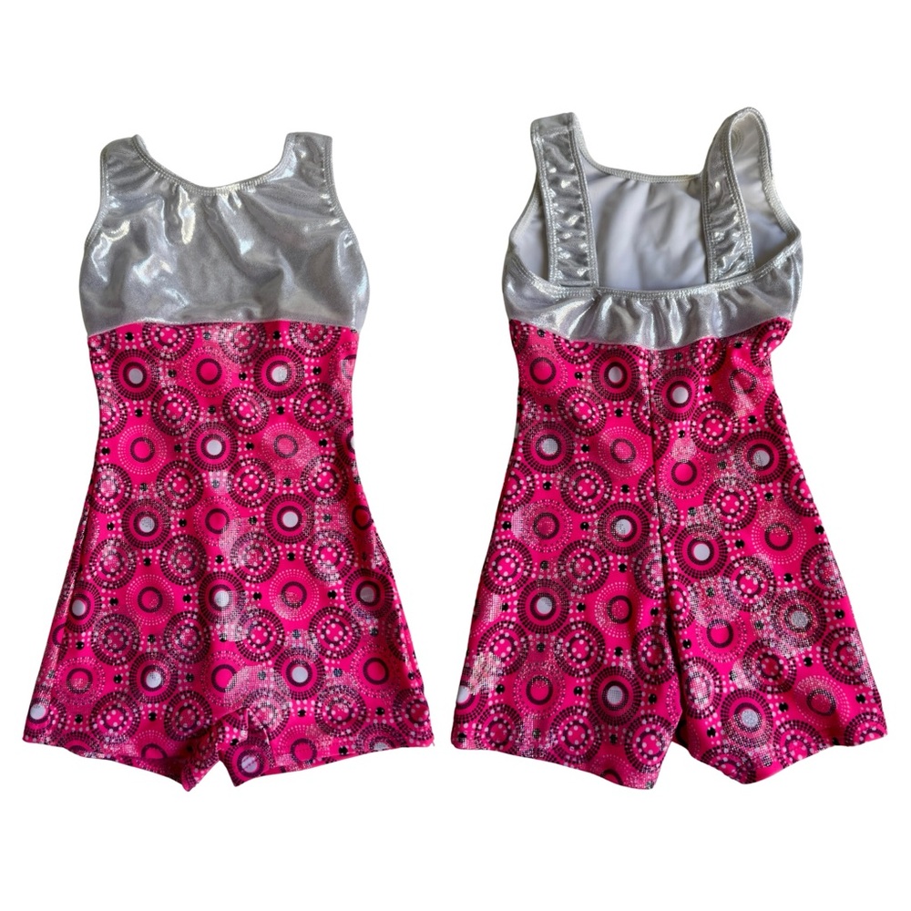 Girls Vibrant Pink and Silver Gymnastics Unitard/Leotard